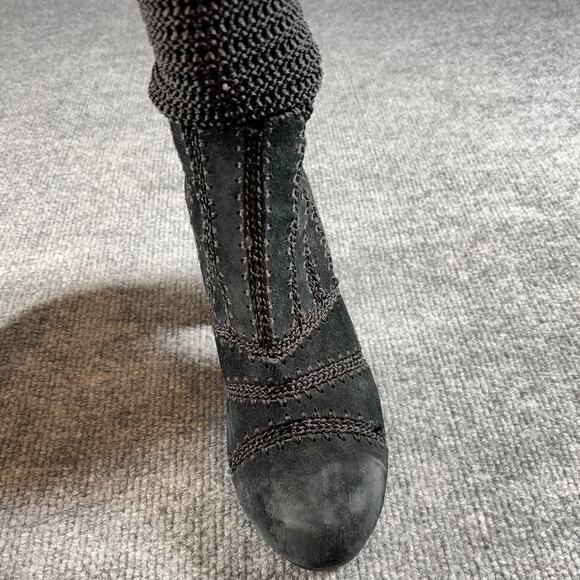 Silent D Black Suede Leather Knit Ankle Boots 37 Heeled Booties Block Heel Zip - Picture 4 of 16